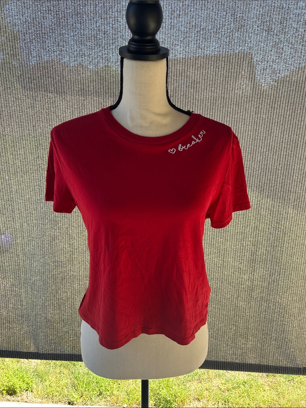 H&M Red Short-Sleeve Crop Tee with Script Neck Detail